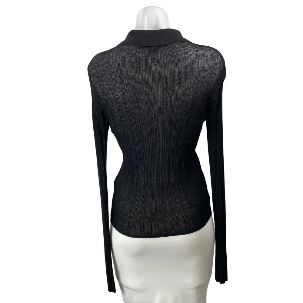 French Connection Women's Black Ribbed Knit Long Sleeve Henley Blouse Top Size L